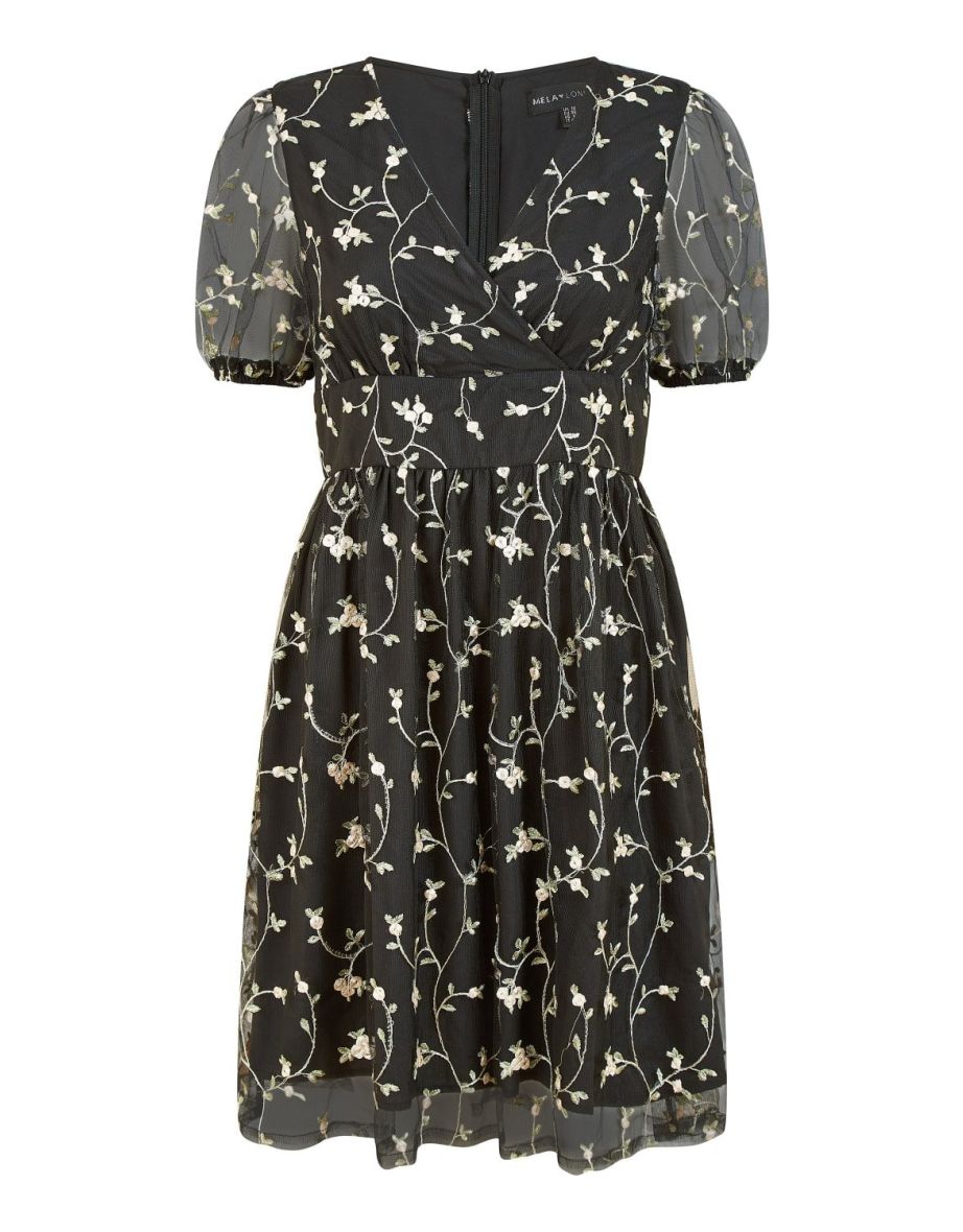 Mela Black Embroidery Mesh Skater Dress - 6