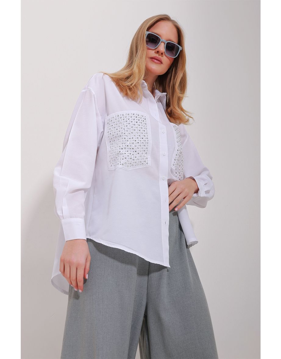 Women's White Double Pocket Trog Embroidered Terrycoton Oversize Shirt