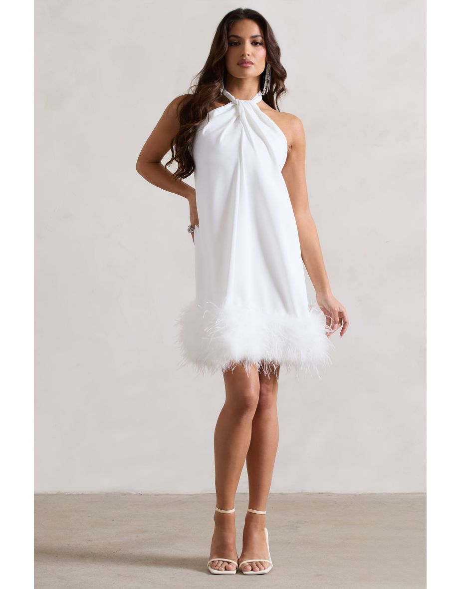 Femme | White Halter-Neck Smock Mini Dress With Feather Hem