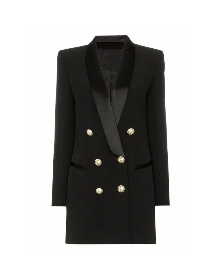 BLACK SATIN COLLAR BLAZER DRESS WITH GOLD BUTTONS - 4