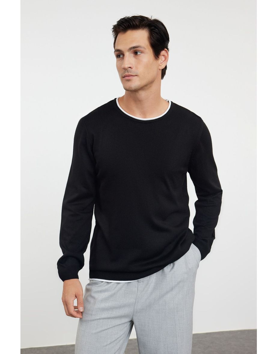 Black Slim Fit Contrast Neck Webbing Sweater - 12