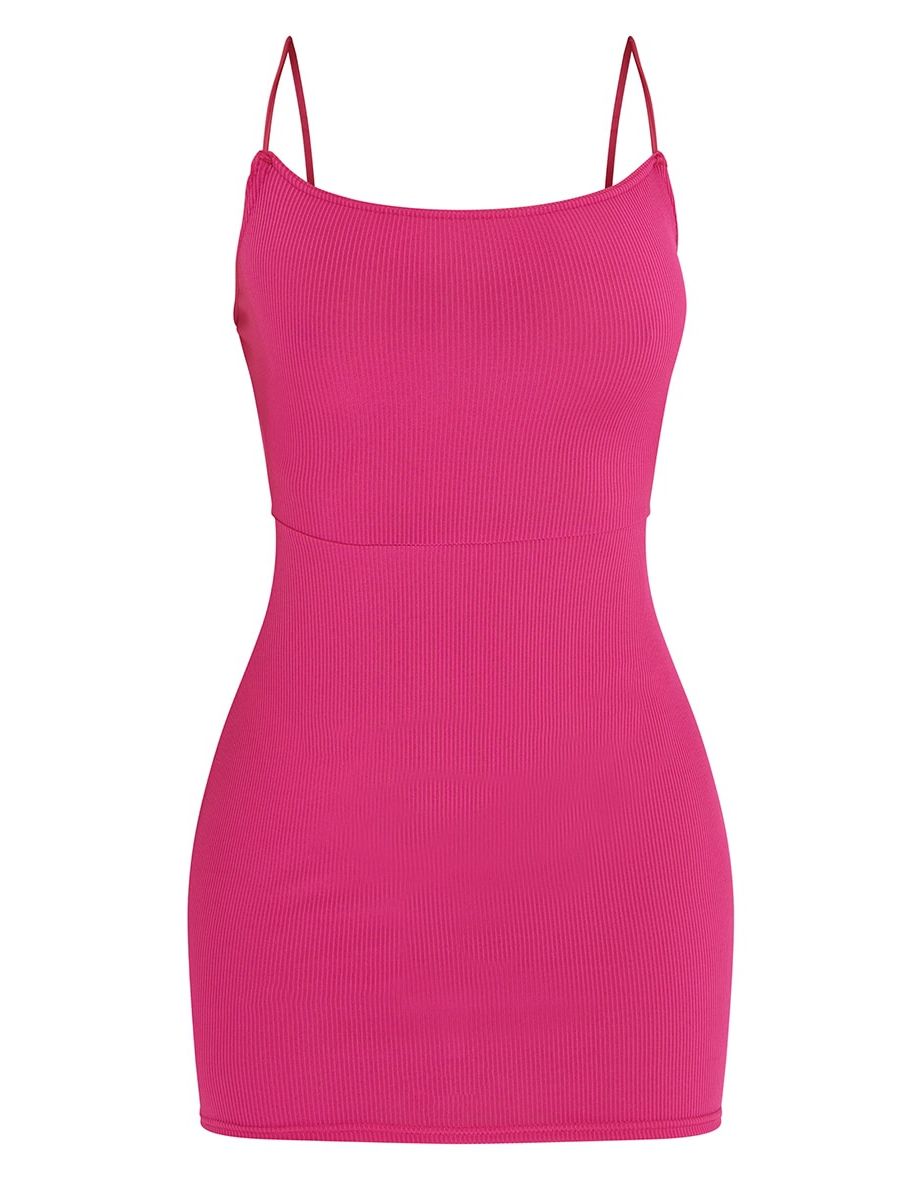 Hot Pink Ribbed Lace Up Back Bodycon Dress - 4