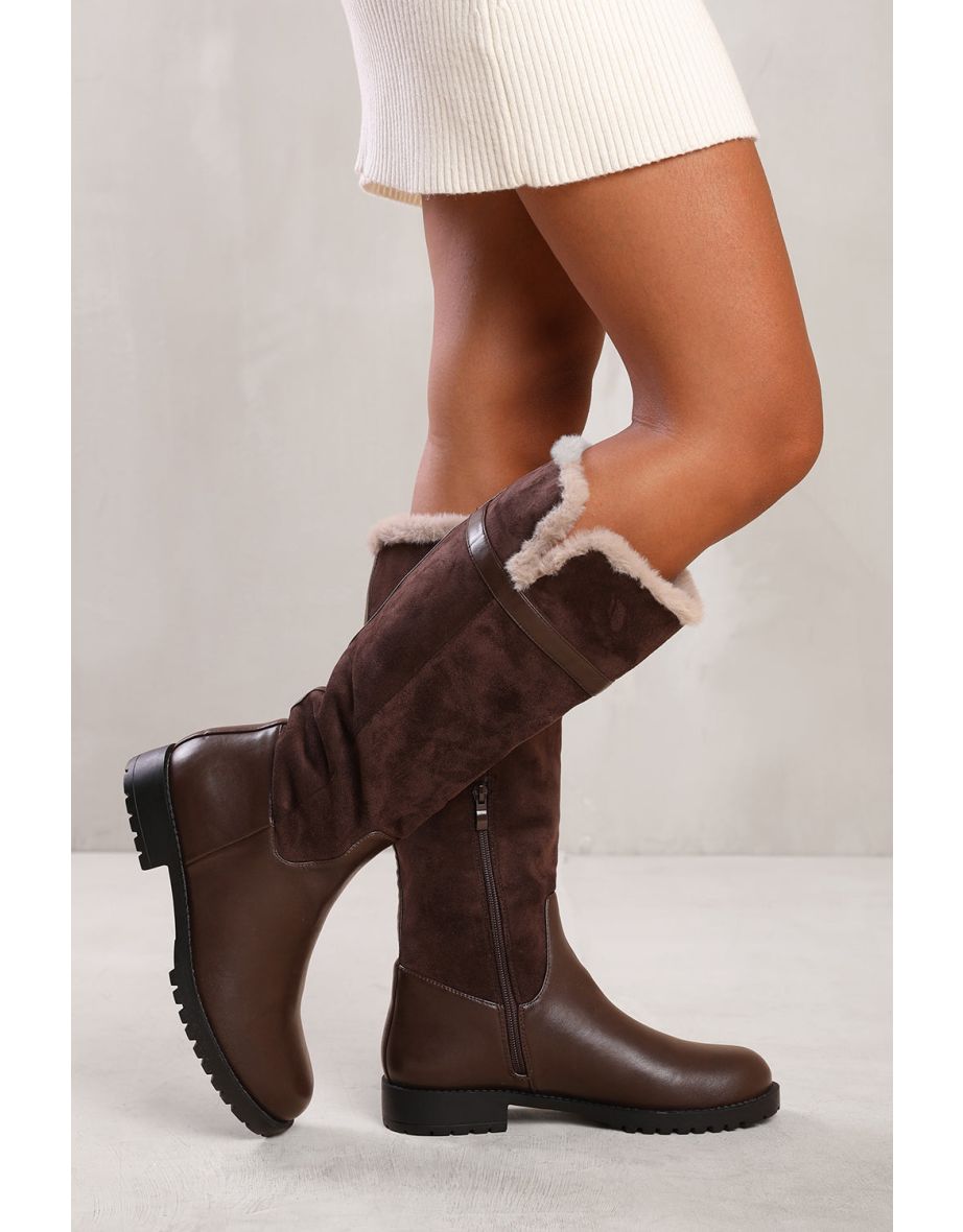 KENDRA KNEE HIGH BOOTS WITH FUR TRIM AND LINING IN DARK BROWN SUEDE AND FAUX LEATHER - 3