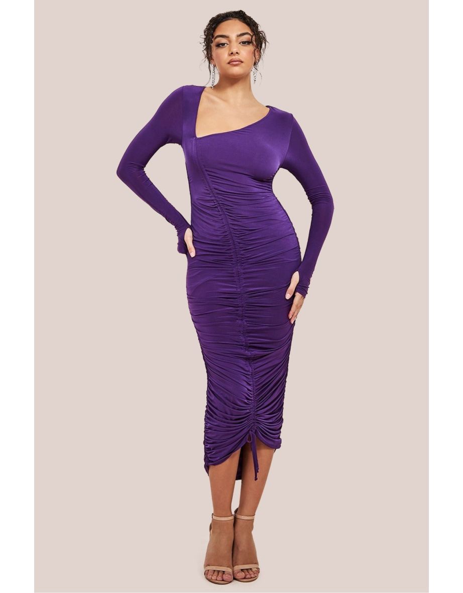 City Goddess Asymmetrical Neck Ruched Midi Dress