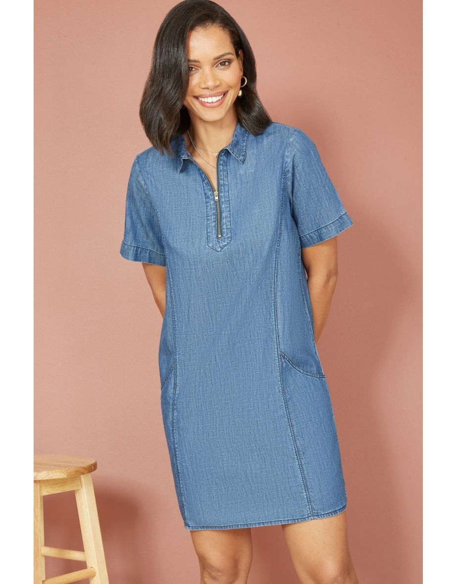 Yumi Blue Cotton Chambray Tunic With Zip Neckline