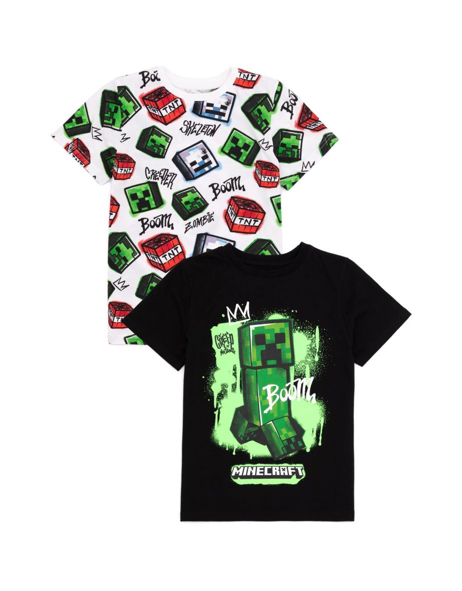Minecraft Childrens/Kids Creeper T-Shirt (Pack of 2) - White/Black