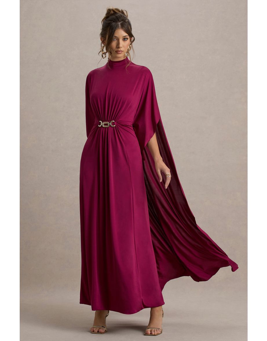 Olessia | Burgundy Belted Gathered Cape-Sleeve Maxi Dress - 5