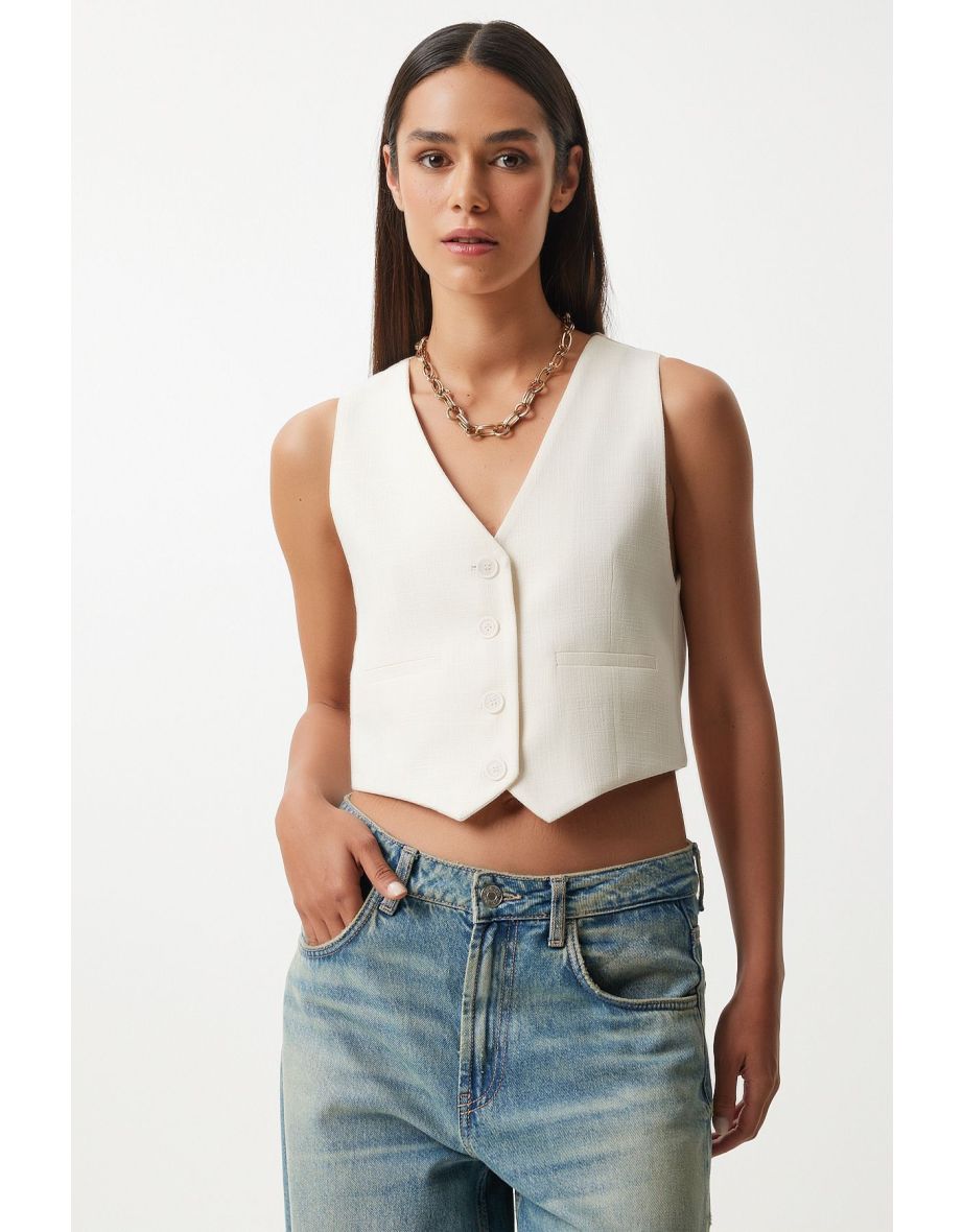 Women's White Linen Short Vest