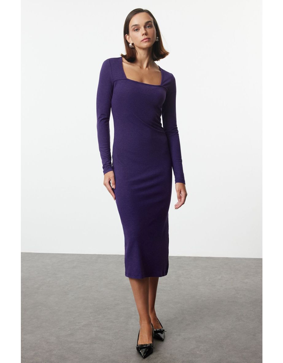 Shop Purple Ribbed Square Neck Fitted Long Sleeve Slit Midi Dress Online in Qatar VogaCloset