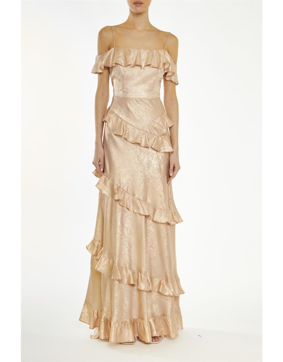 Drew Metallic-Copper Cold-Shoulder Ruffle Maxi-Dress