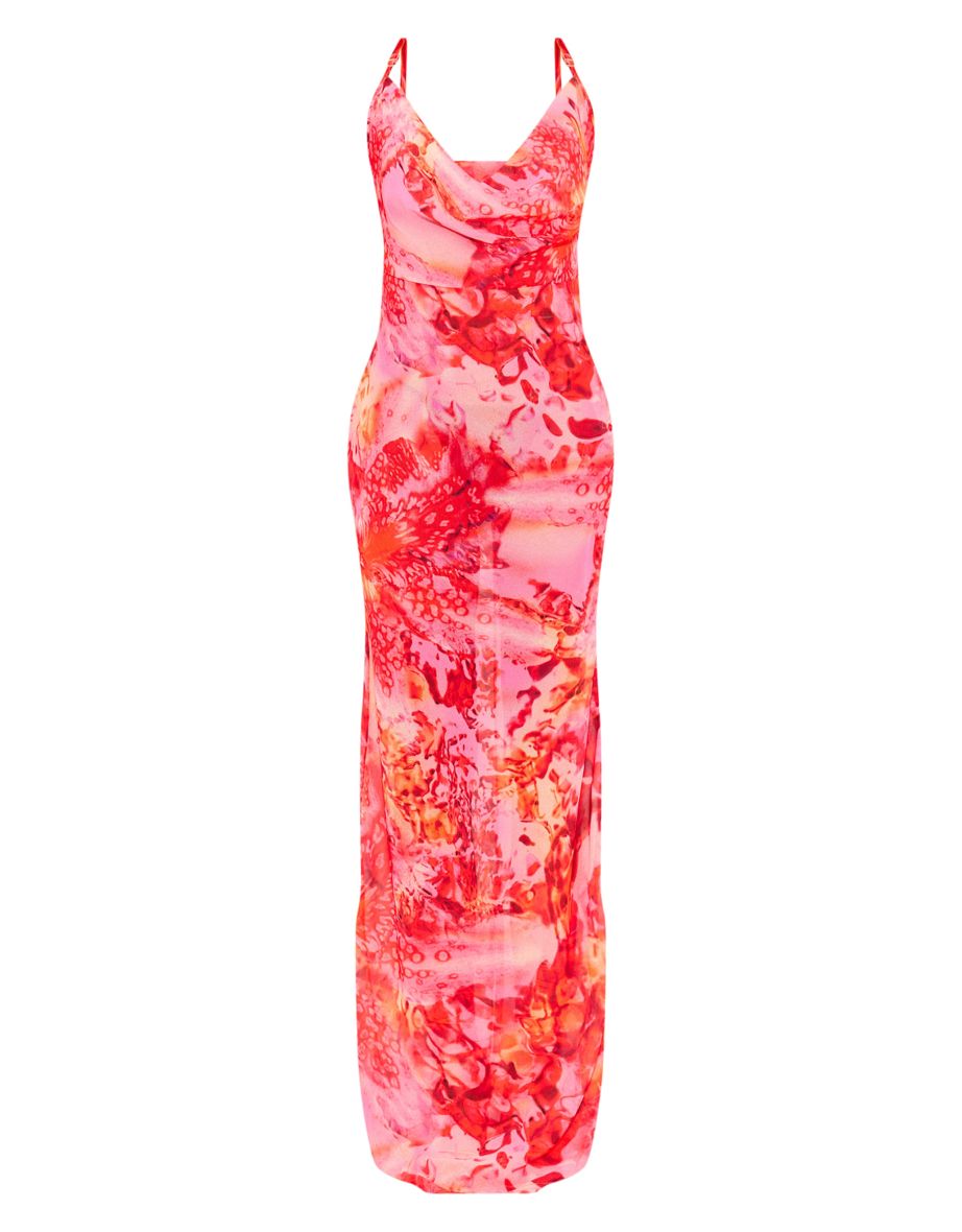 Pink Floral Print Sheer Chiffon Lace Up Back Maxi Dress - 3