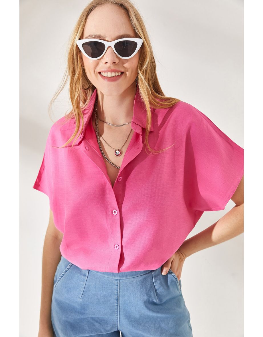 Women's Pink Bat Oversize Linen Shirt