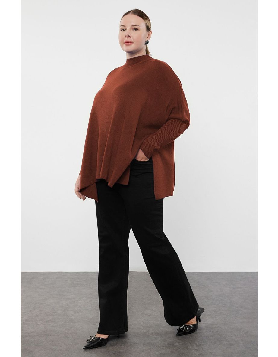 Brick Red Stand Collar Slit Detail Relax Fit Knitwear Sweater
