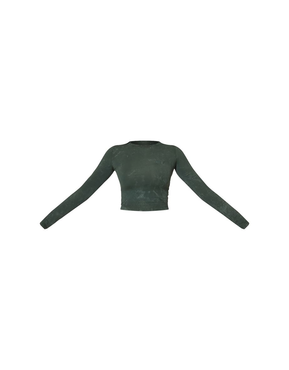 PRETTYLITTLETHING Forest Green Washed Longline Cotton Long Sleeve Fitted Crop Top - 4