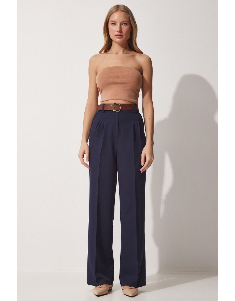Women's Navy Blue Wide Leg Masculine Woven Pants