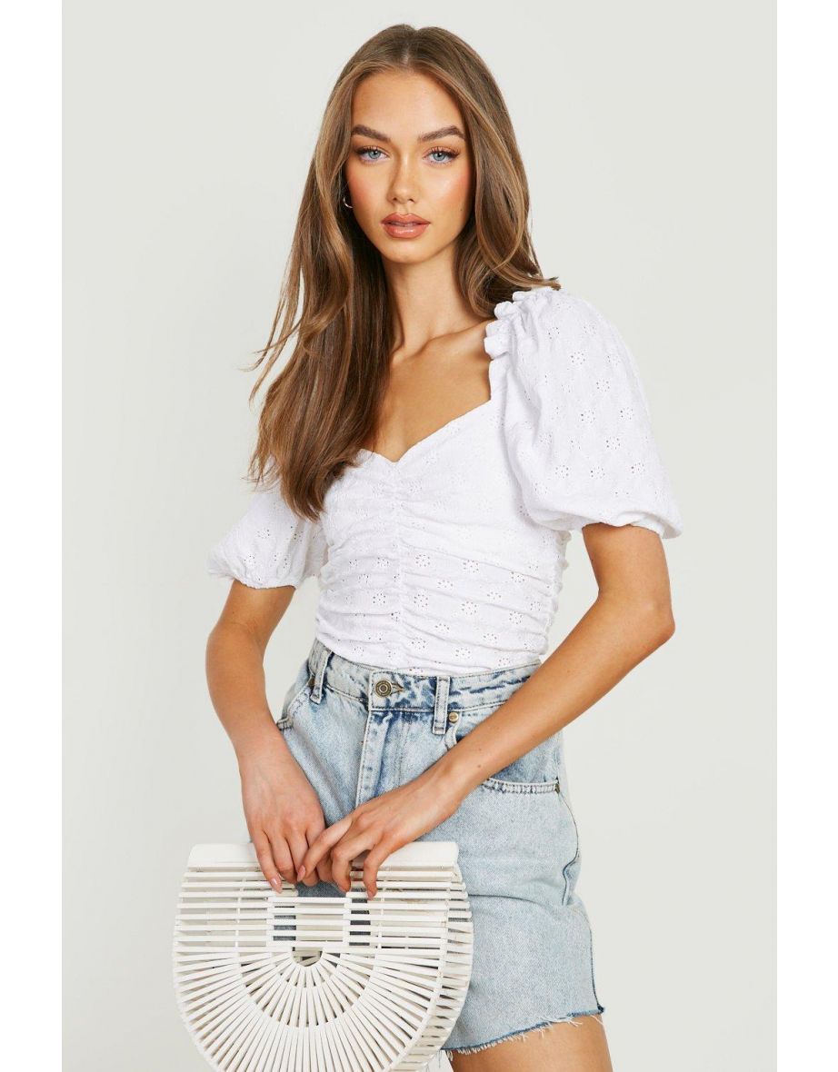 Lace Puff Sleeve Ruched Bodysuit - white - 3