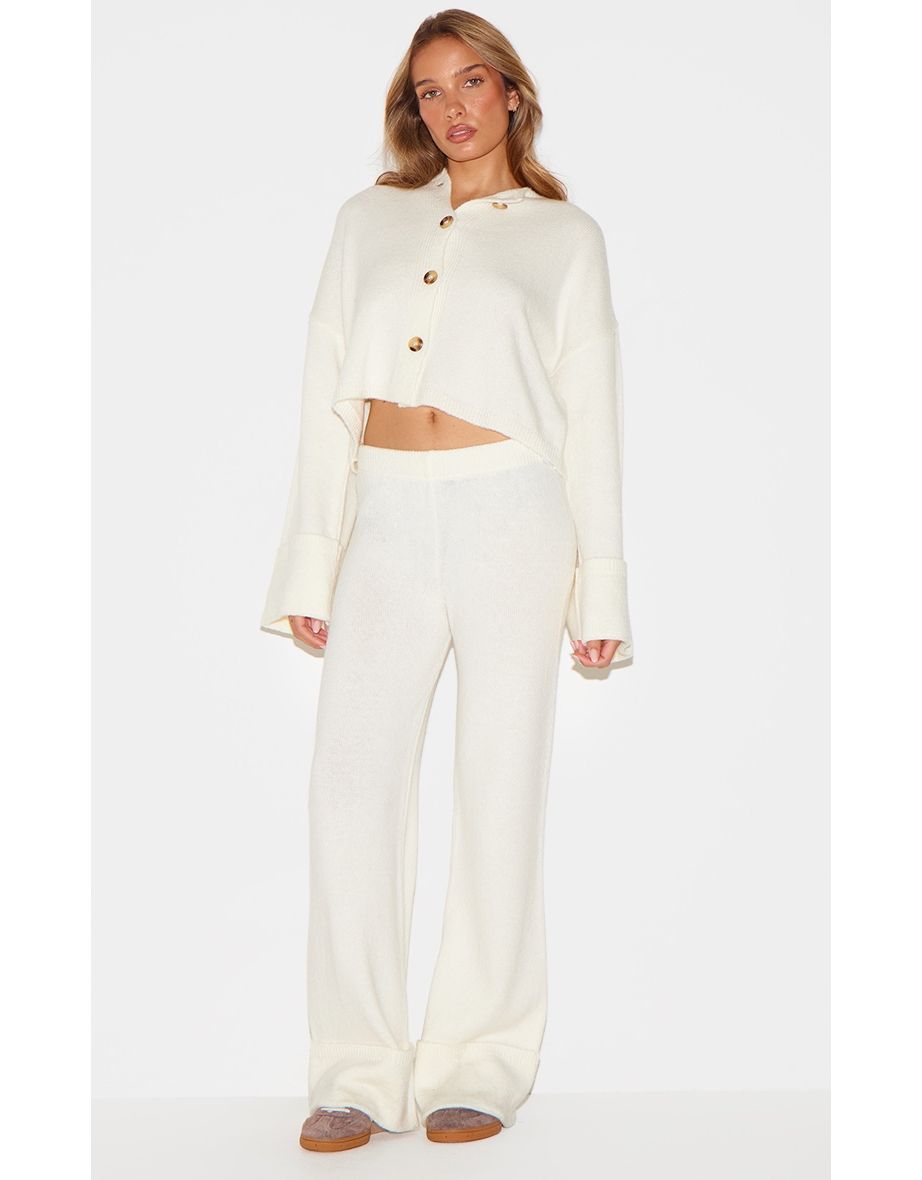 Cream Turn Up Hem Knit Trousers
