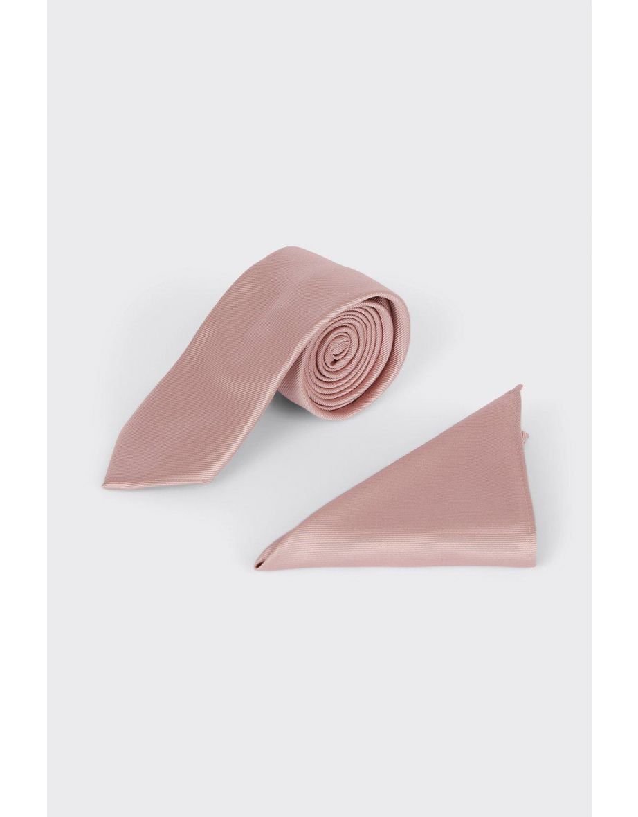 Longer Length Slim Rose Pink Tie And Pocket Square Set
