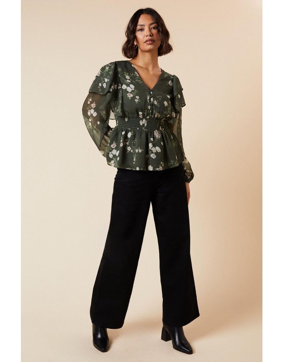 Khaki Floral Shirred Waist Button Front Chiffon Long Sleeve Blouse