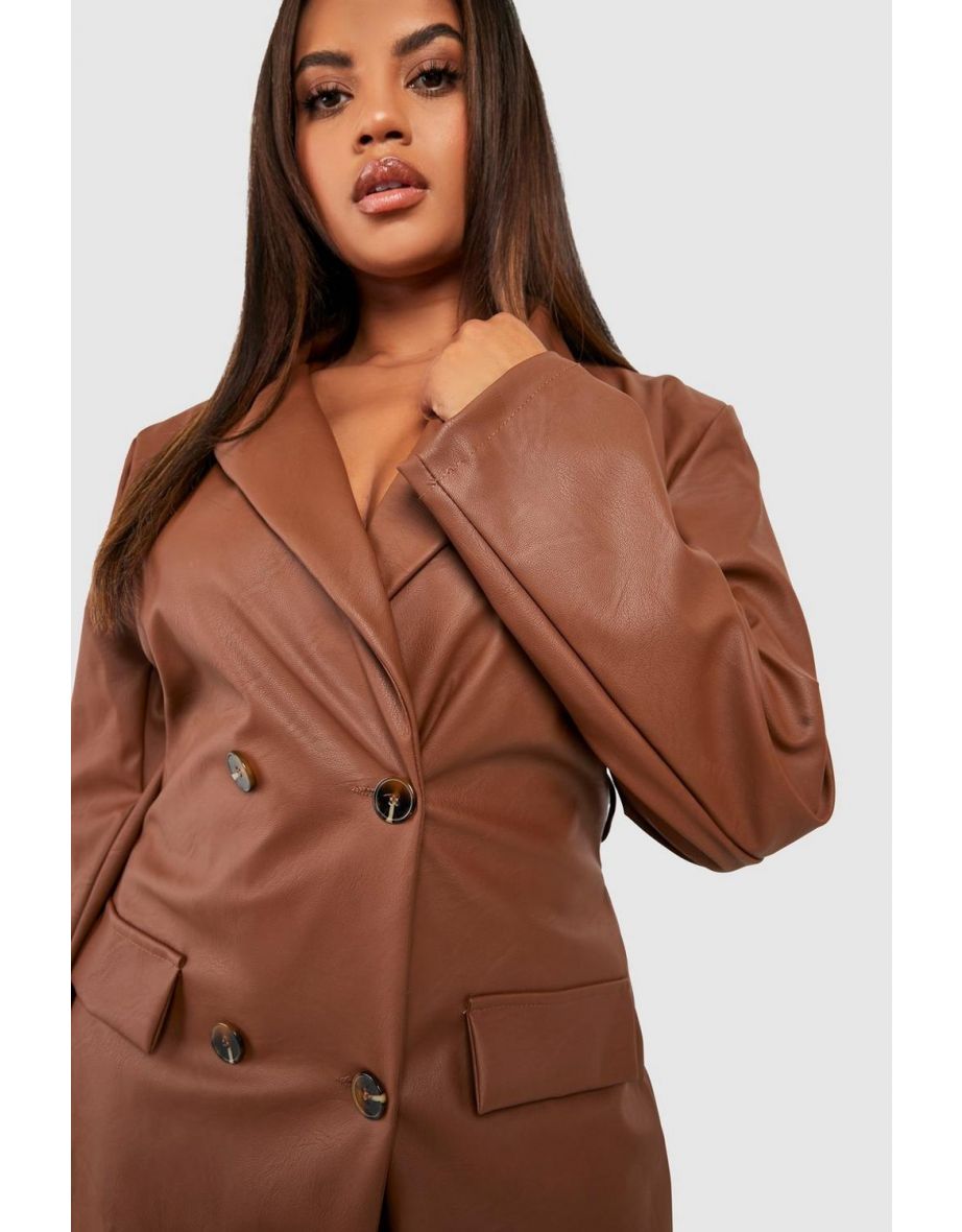 Plus Pu Leather Look Wrap Blazer Dress - chocolate - 3