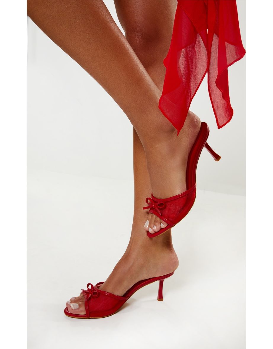 Red Mesh Round Toe Bow Strap Mid Heeled Mules