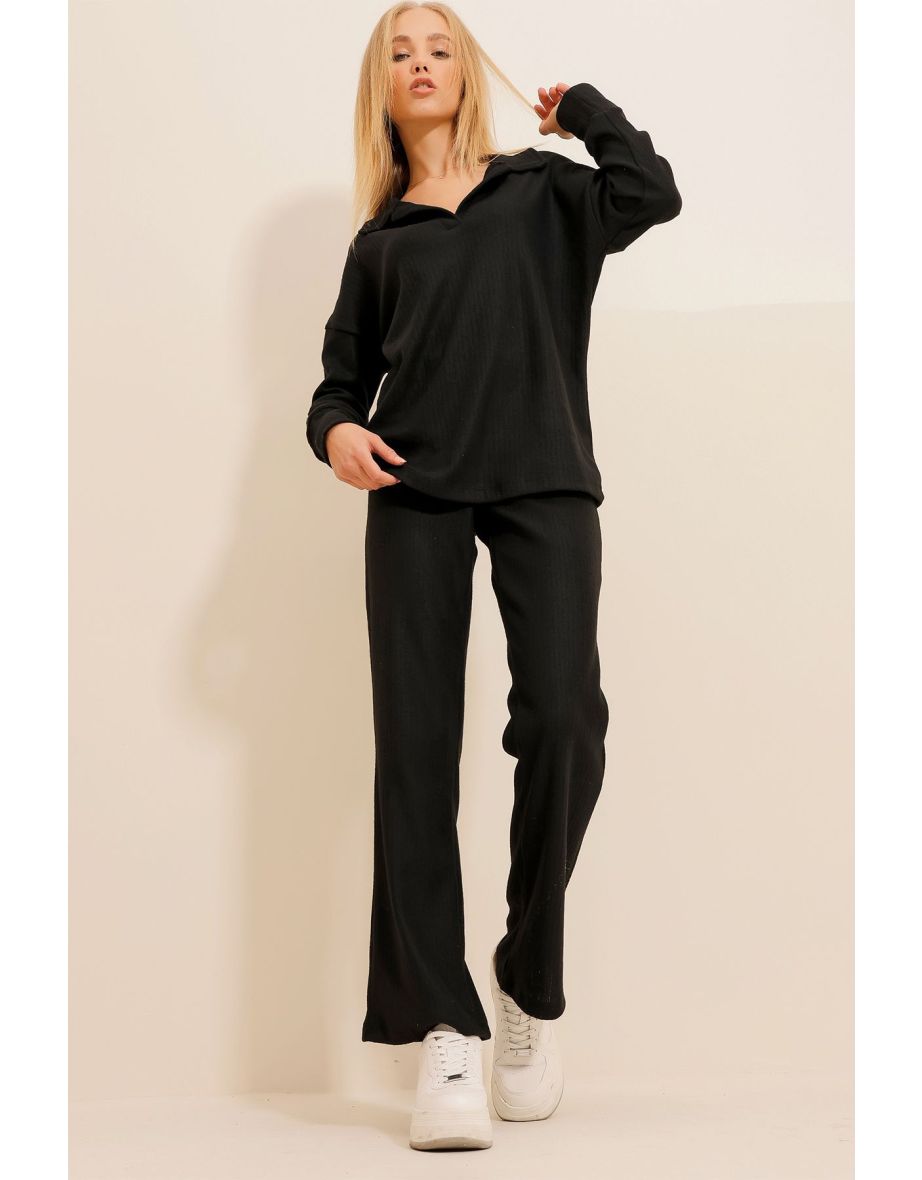 Women's Black Polo Neck Top And Palazzon Trousers Knitwear Bottom Top Suit