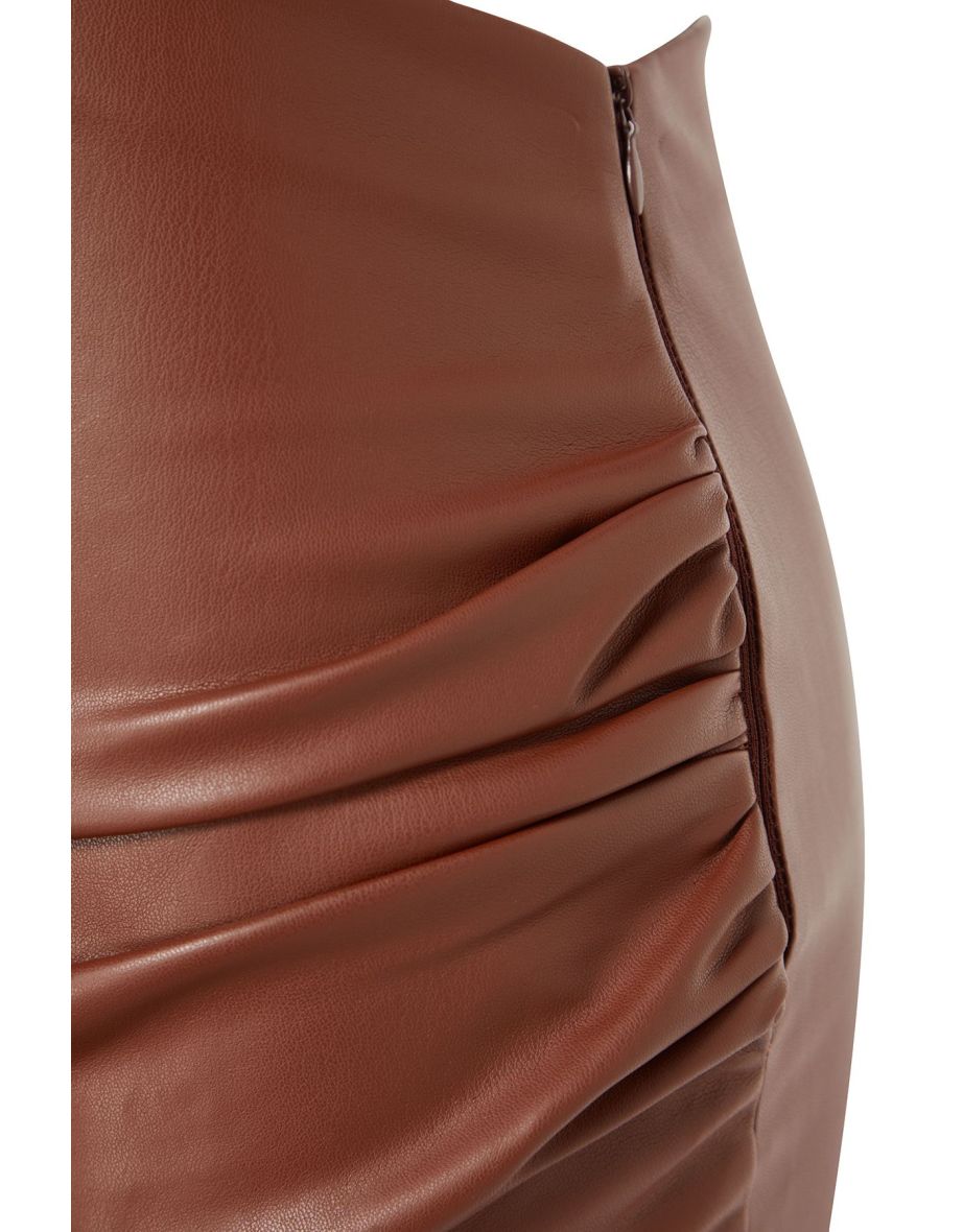 Brown Faux Leather Draped High Waist Fitted Mini Skirt - 7