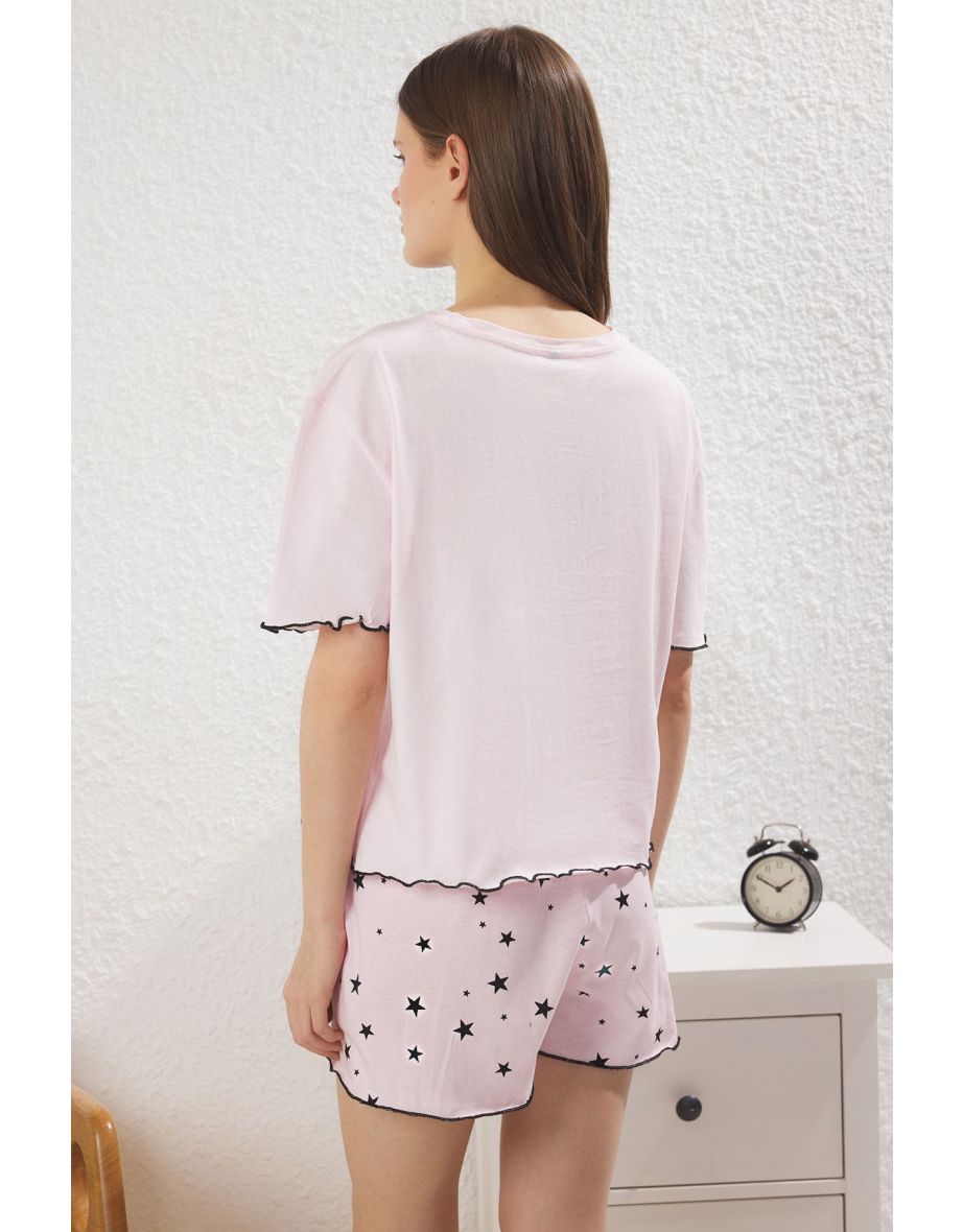 Pink Star Patterned Baby Overlock Detail Knitted Pajama Set with Shorts - 3