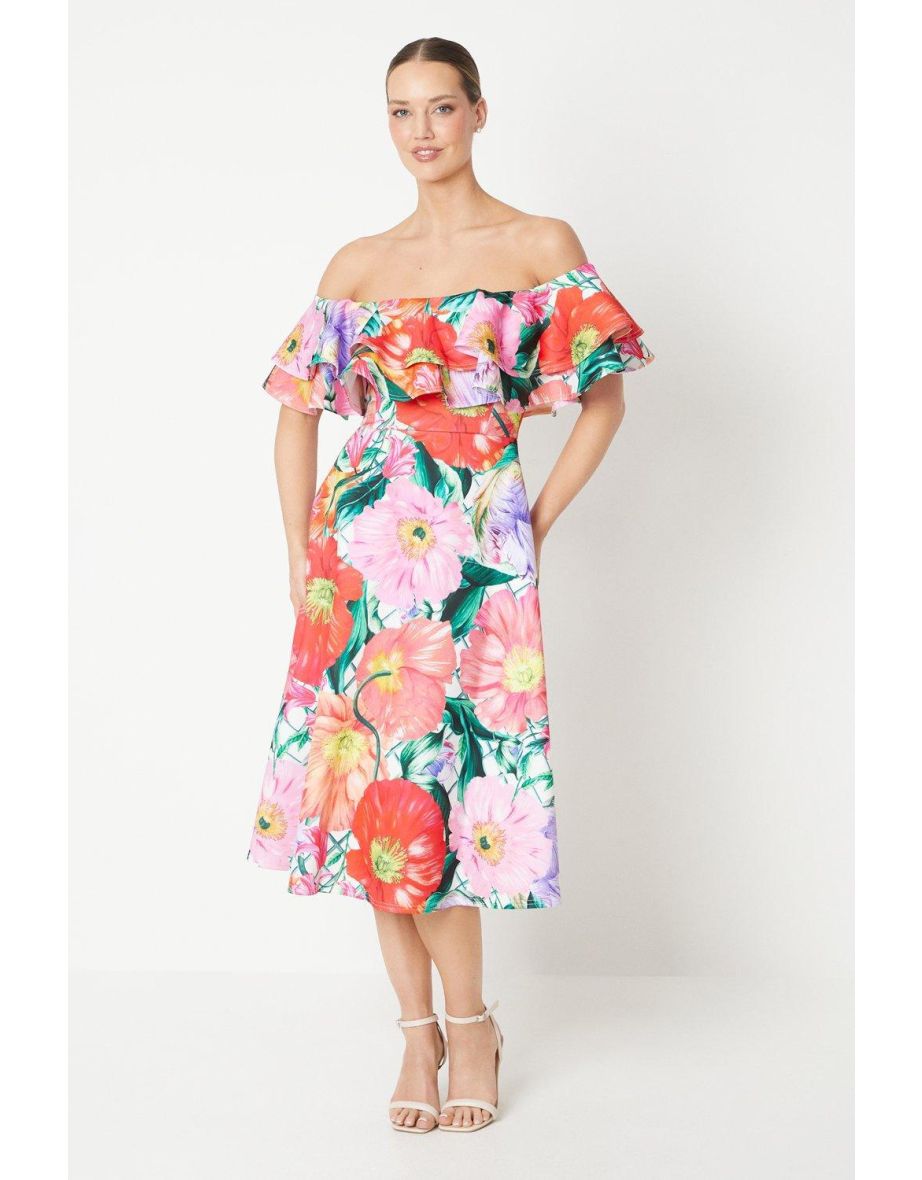 Printed Scuba Bardot Fit And Flare Dress
