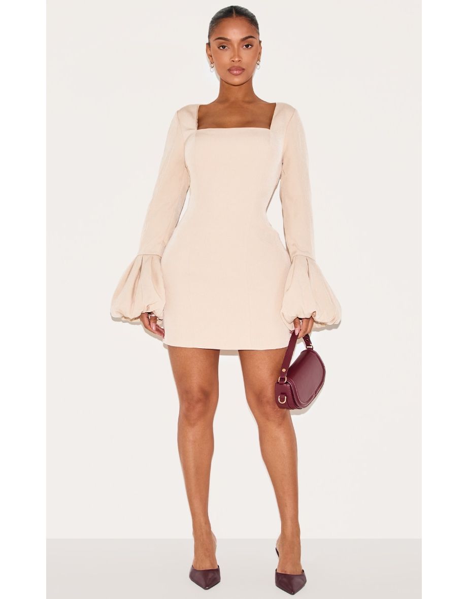 Shape Pebble Woven Square Neck Puffball Sleeve Mini Dress