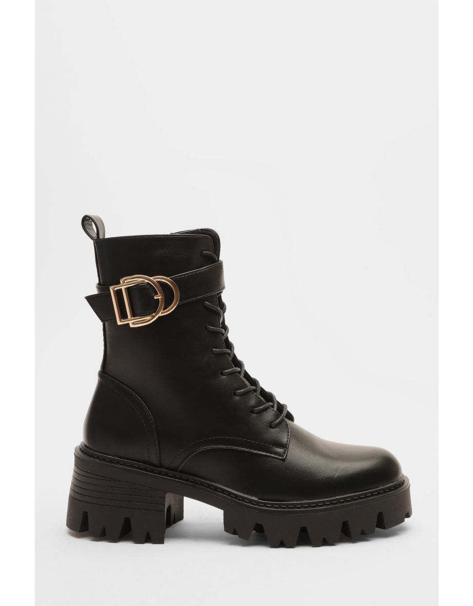 Black Faux Leather Lace Up Buckle Boots