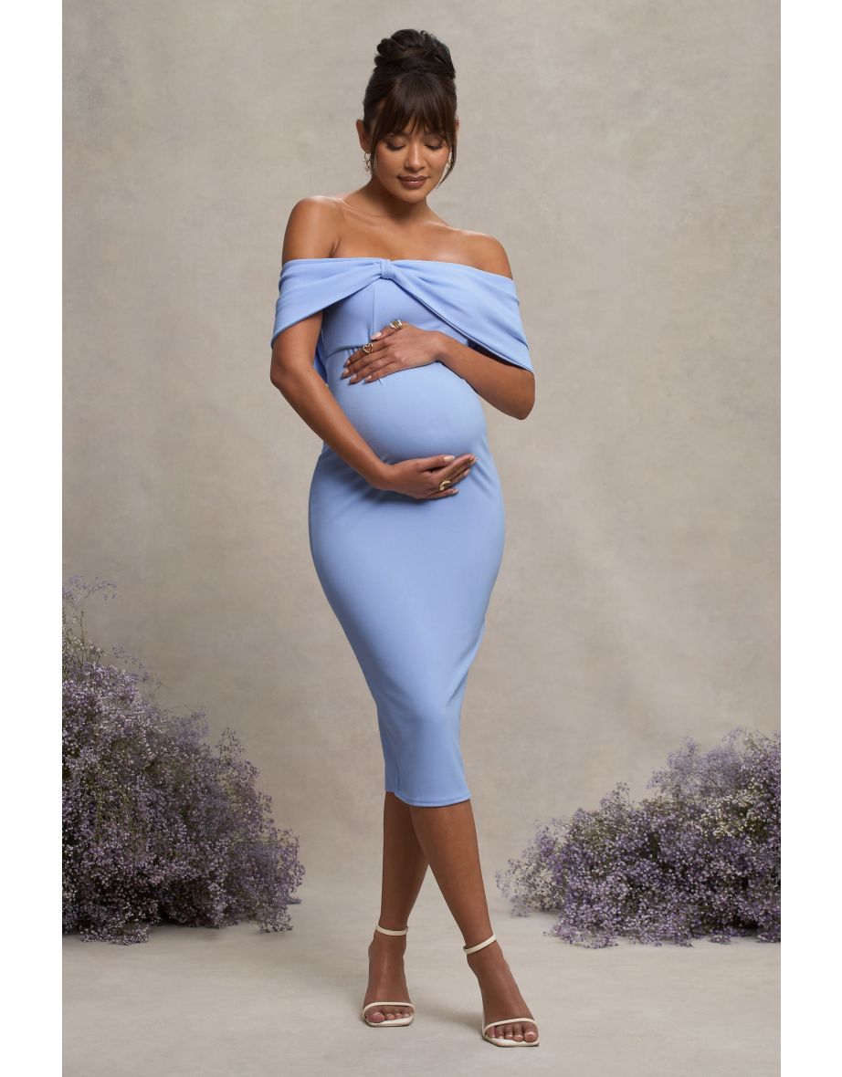Alyssa | Powder Blue Bardot Bow Maternity Midi Dress with Ruching