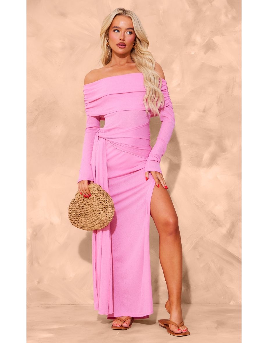 Pink Onion Skin Bardot Tie Waist Maxi Dress