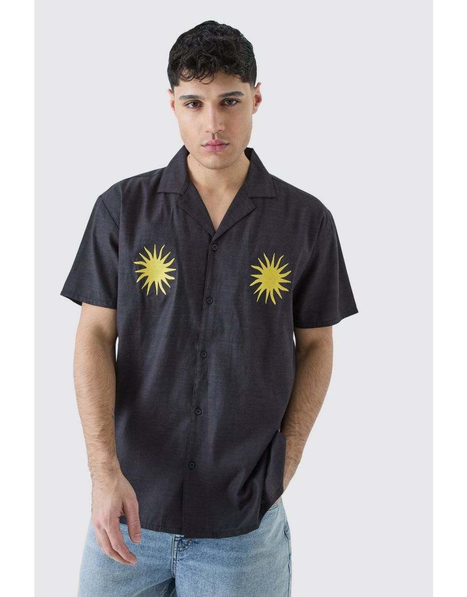 Oversized Linen Look Sun Embroidered Shirt - black
