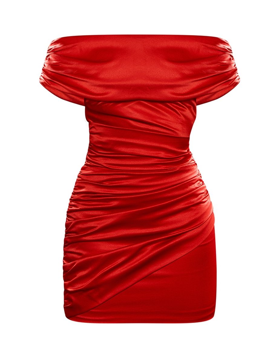 Cherry Red Premium Constructed Satin Bardot Mini Dress - 4