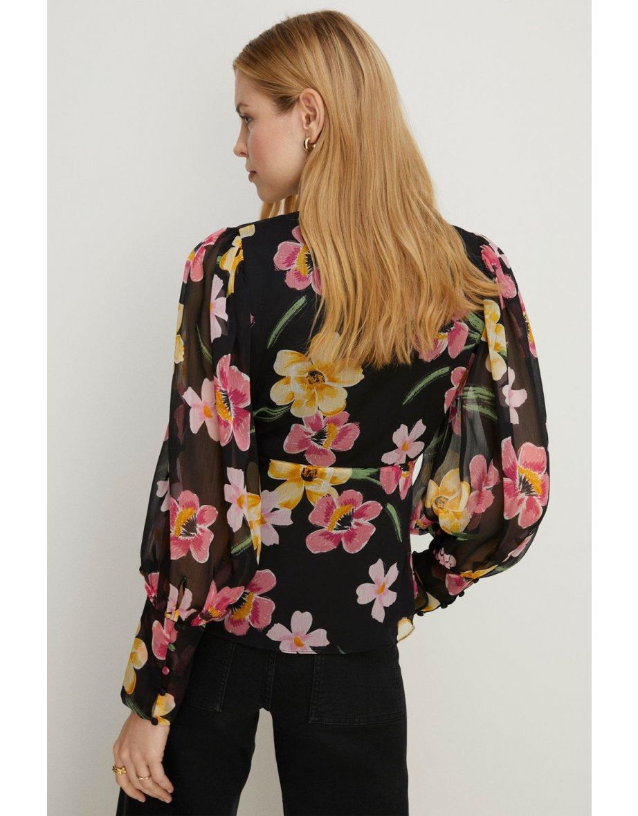 Floral Chiffon Long Sleeve Top - 2