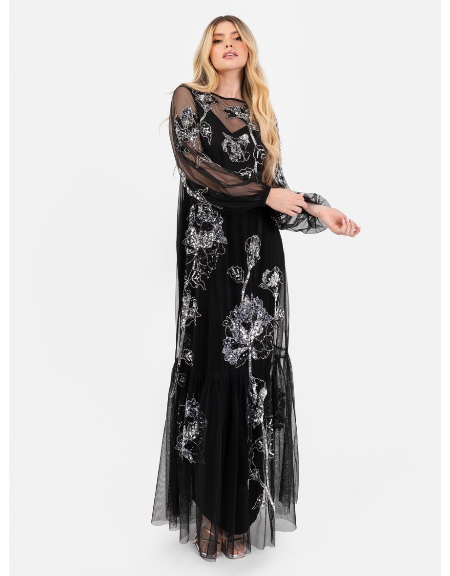 Shop Maya Black Floral Embellished Tulle Overlay with Slip Maxi Dress Online in Bahrain VogaCloset