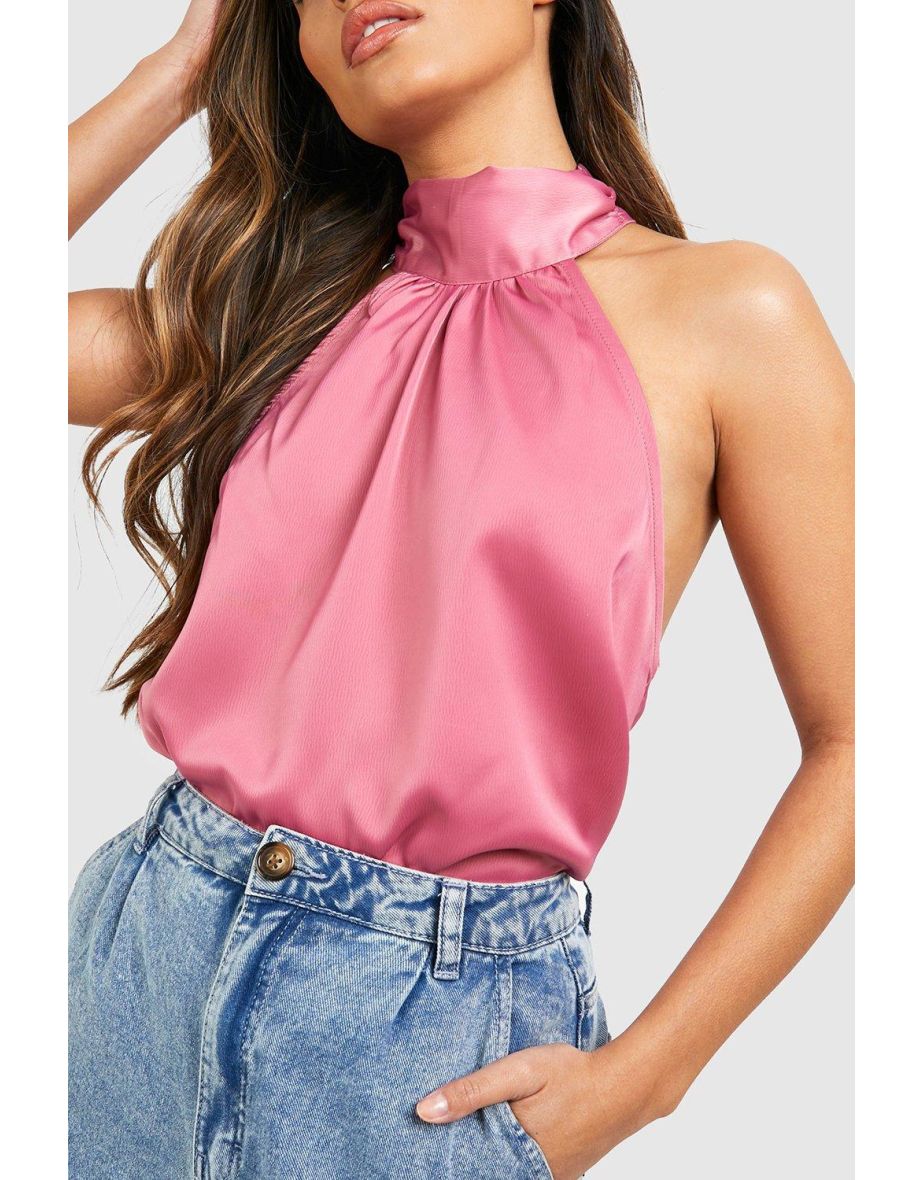 Satin High Neck Swing Blouse - pink - 3