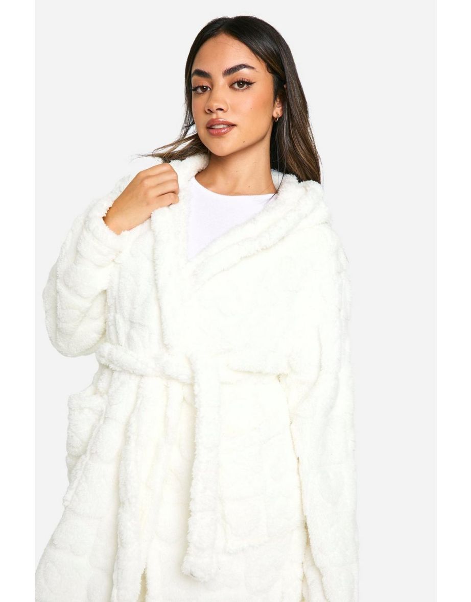 Heart Embossed Fleece Dressing Gown - cream - 3