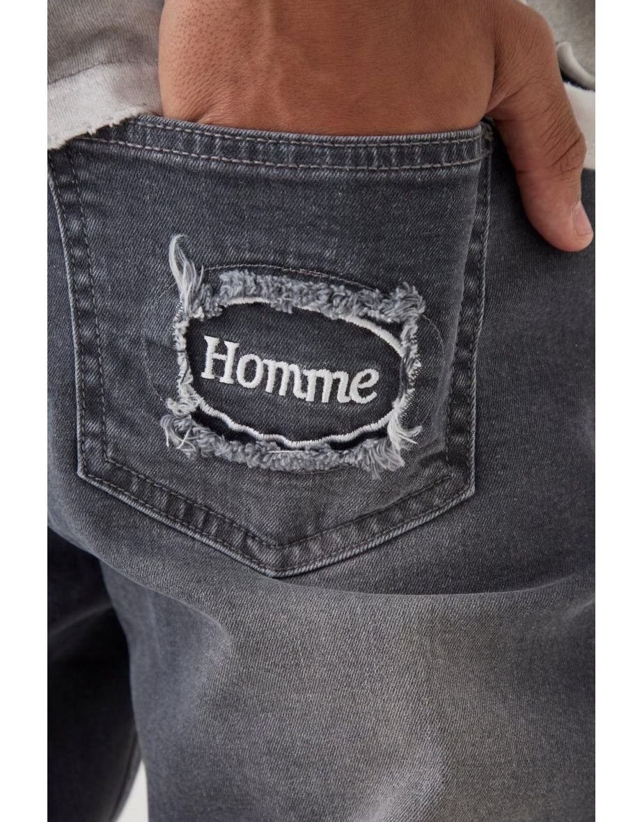 Skinny Stretch Stacked Distressed Paint Splatter Denim Jeans - mid grey - 2