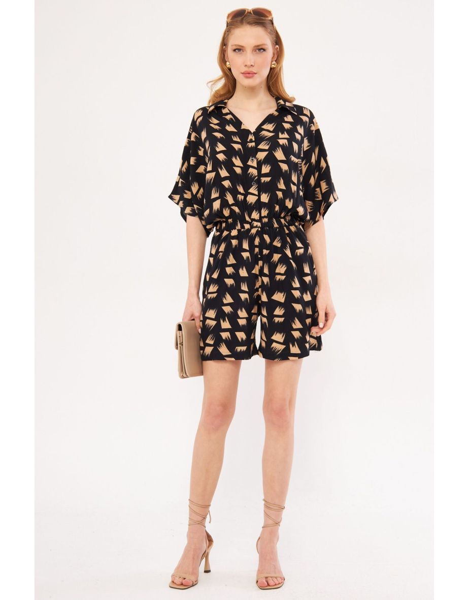 Women's Black Tria Jumpsuit Shirt Collar Pocket Patterned Short