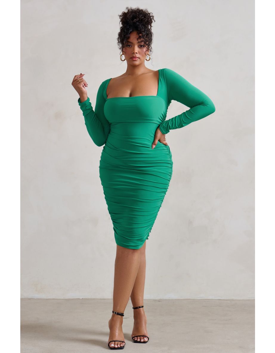 Seductress | Emerald Green Long Sleeve Square Neck Ruched Midi Dress - 5