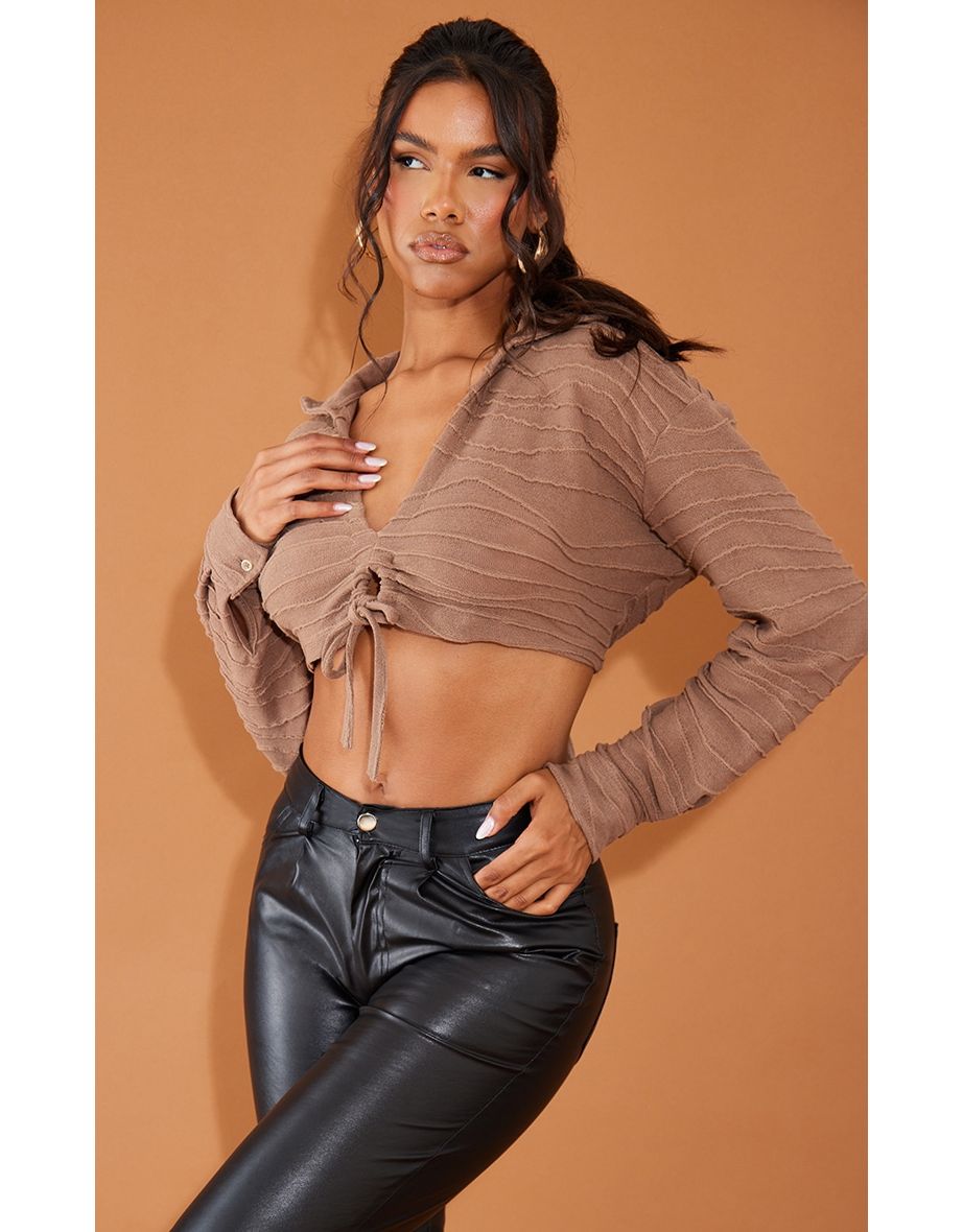 Chocolate Drawstring Back Tie Ruched Crop Shirt