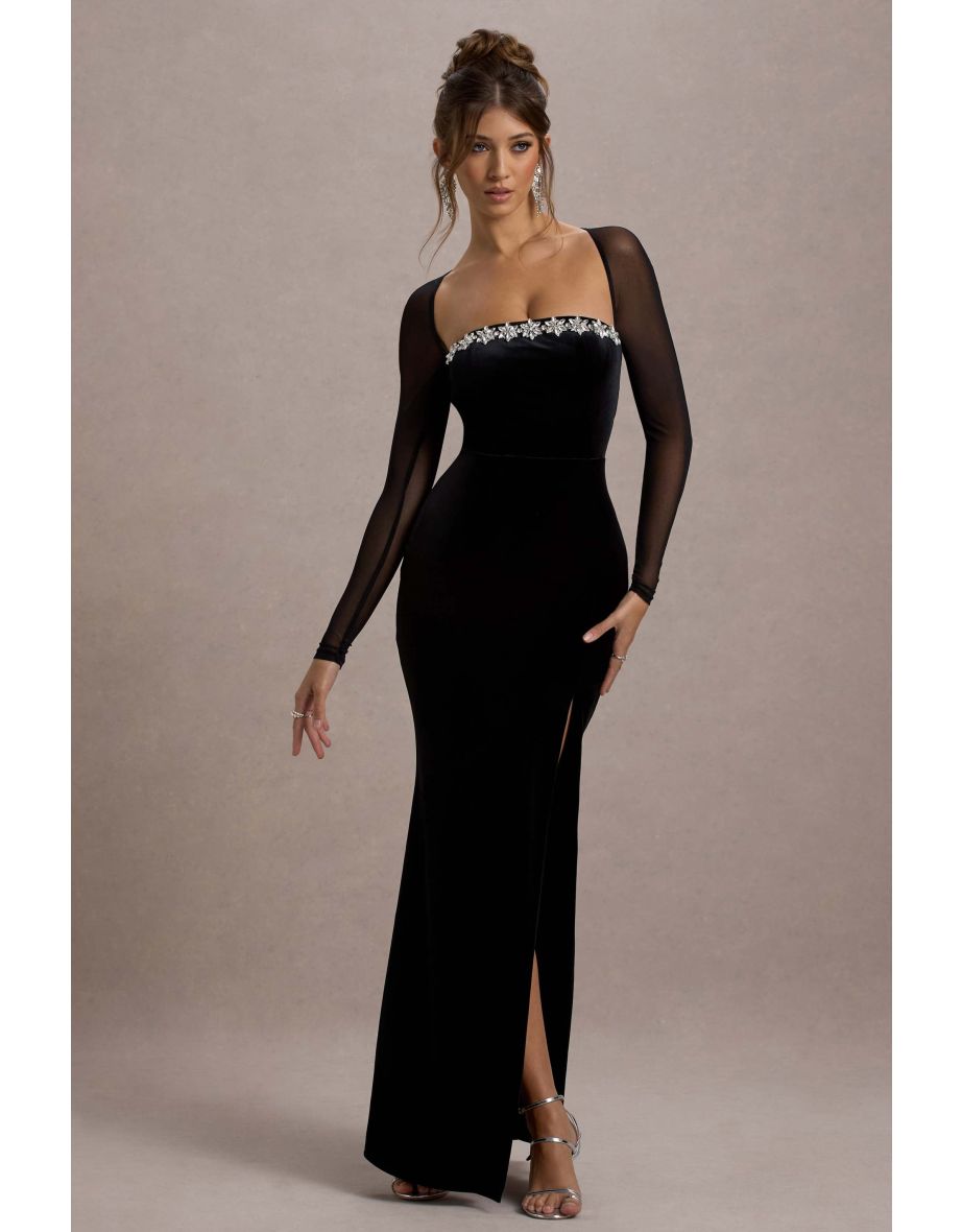 Ashby | Black Velvet Embellished Square-Neck Split Maxi Dress