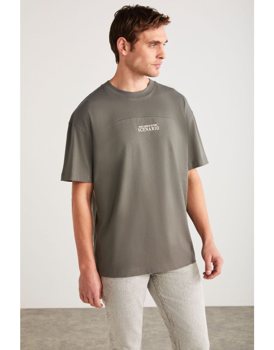 Lorenzo Men's Special Rustic Textured 100% Organic Cotton Button Detailed Regular Gray T-shirt