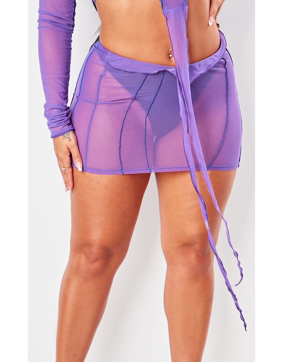 Shape Dark Purple Mesh Seam Detail Cut Out Mini Skirt - 4