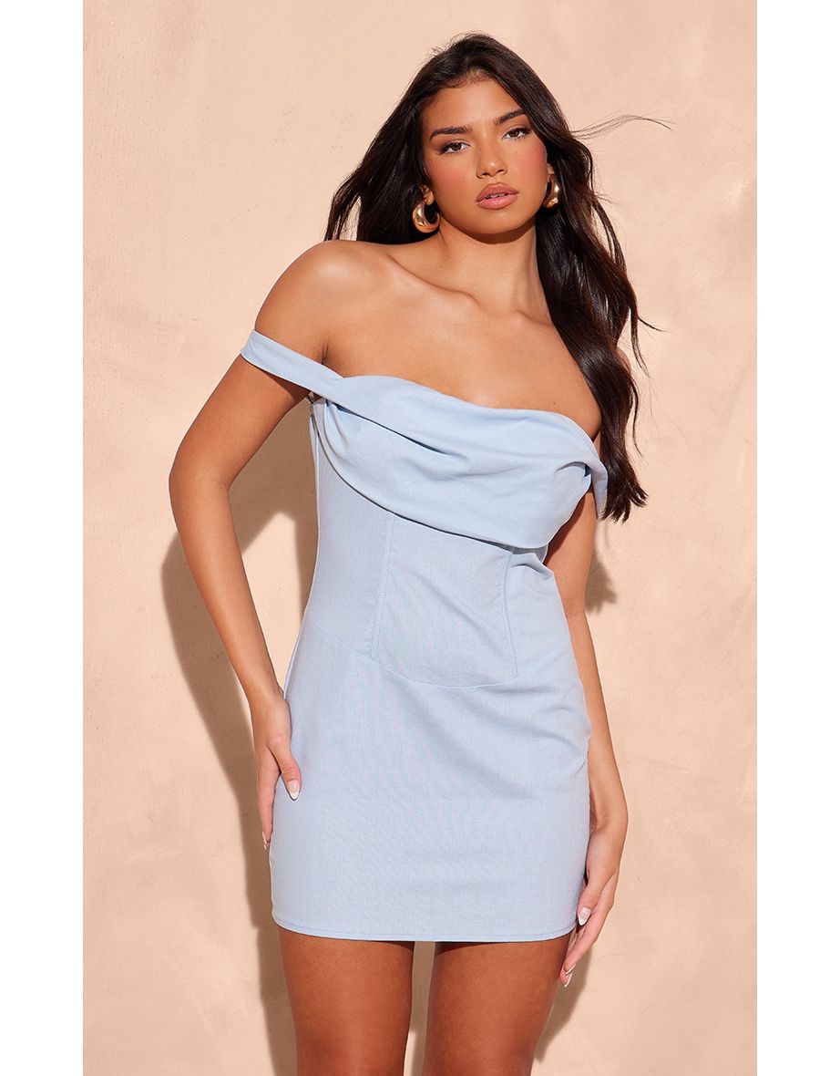 Light Blue Linen Look Draped Bardot Corset Bodycon Dress