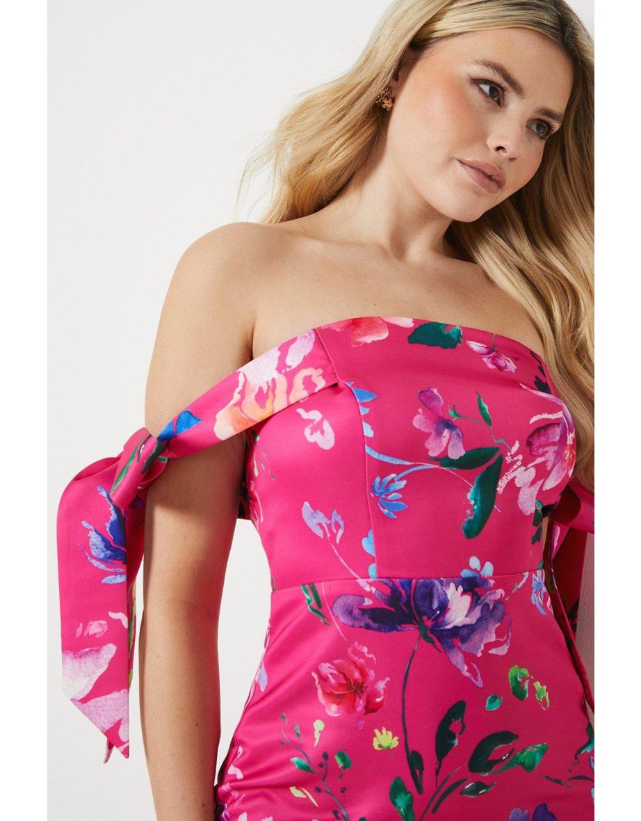 Debut London Draped Tie Shoulder Bardot Pencil Dress - pink - 3