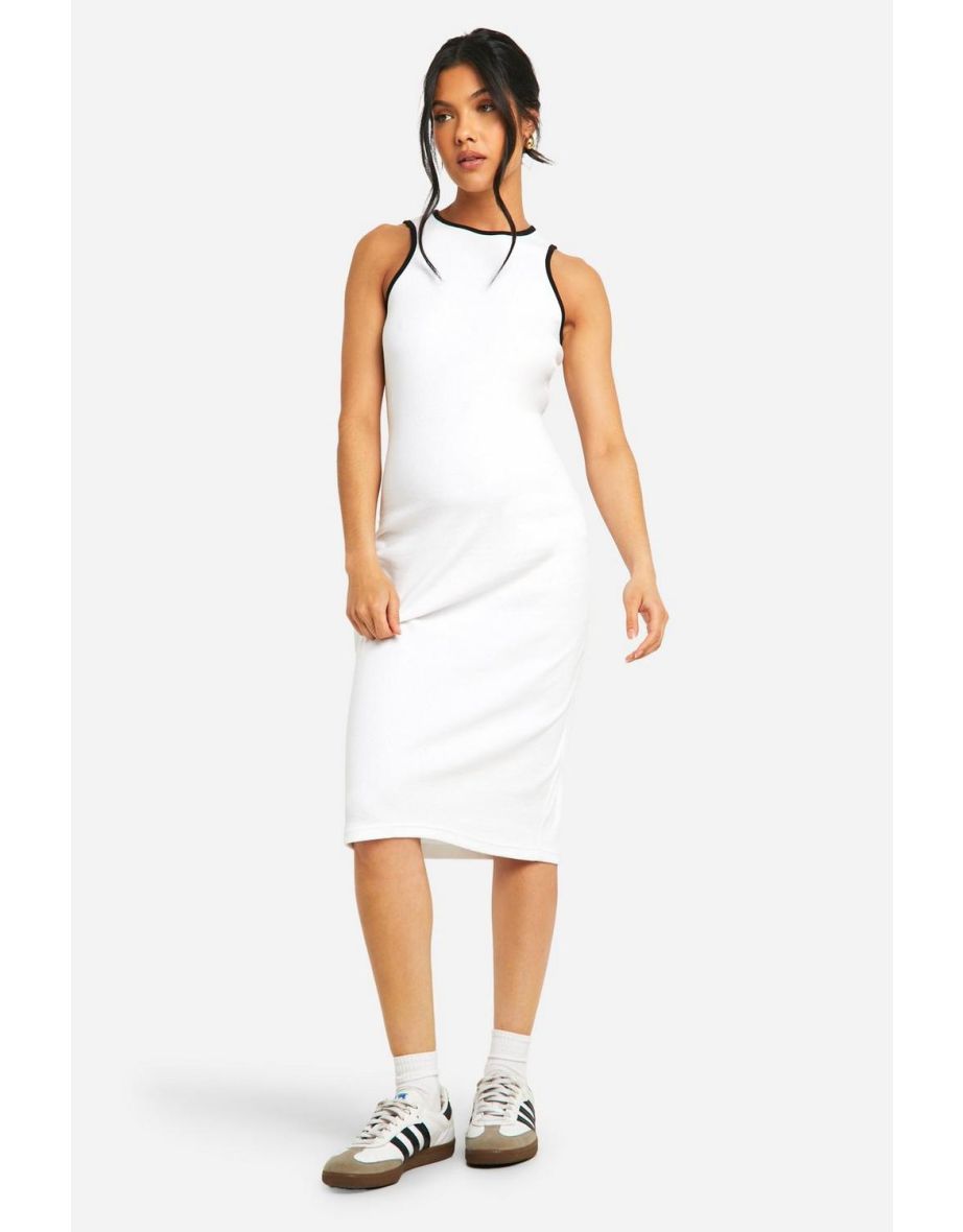 Maternity Ribbed Racer Neck Contrast Binding Midi Dress - white