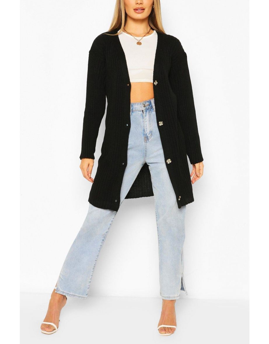Ribbed Button Through Cardigan  - black